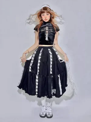Black gothic lolita A-line skirt with white embroidery front view full body model