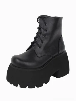 Single black gothic lolita ankle boot left front three-quarter view showing chunky platform sole and matte finish
