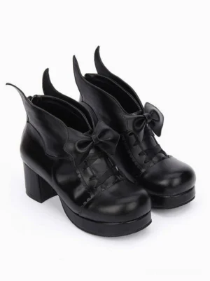 Pair of black Gothic Lolita ankle boots with chunky platform heel and block heel, oblique side-by-side comparison view