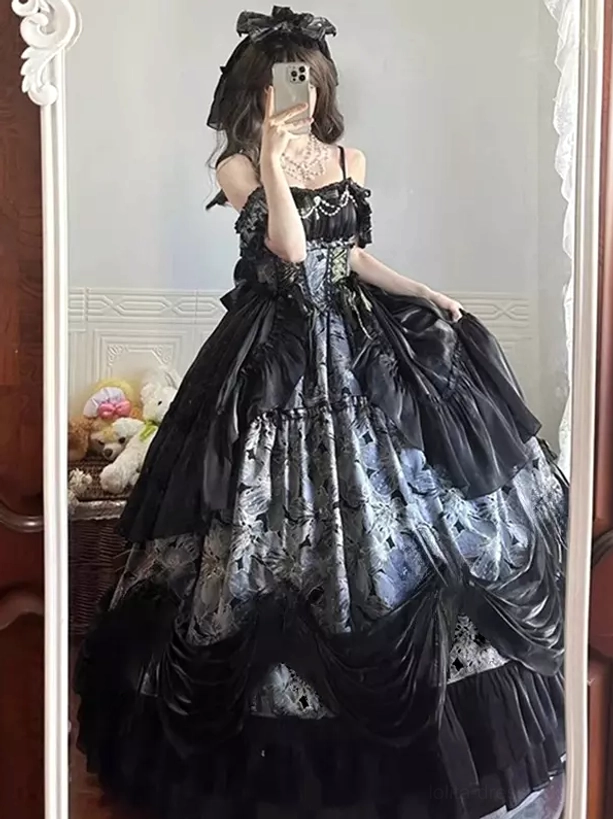 Black and silver Gothic Lolita off-the-shoulder ball gown with matching hair bow, full-body mirror selfie shot in bedroom with stuffed toys