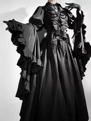 Black Gothic Lolita bell sleeve ruffled dress set on mannequin - front three-quarter view with corset waist and floor-length full skirt with black gloves
