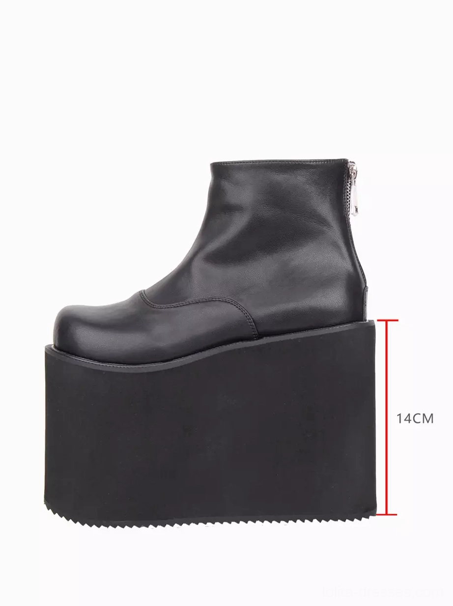 Single black gothic lolita platform boot left side profile with 14cm height measurement mark exaggerated wedge heel smooth PU upper and serrated outsole