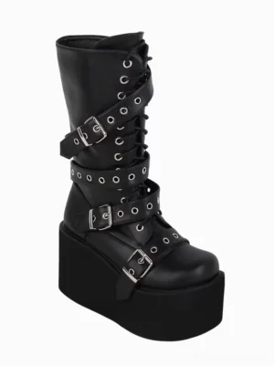 Single black gothic lolita mid-calf boot displaying lace-up grommet design and structural silver buckle straps on white background