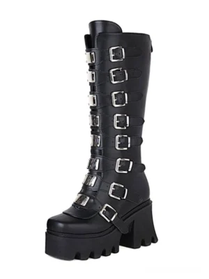 Black gothic lolita boots frontal view featuring multiple silver buckle rows, square round toe shape, and substantial block platform heel design