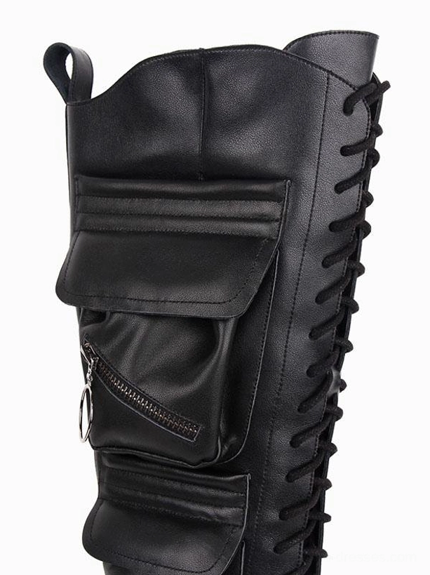Close-up detail view of black gothic lolita boot upper section showing zippered cargo pocket lace-up eyelets collar pull tab and craftsmanship of the matte finish