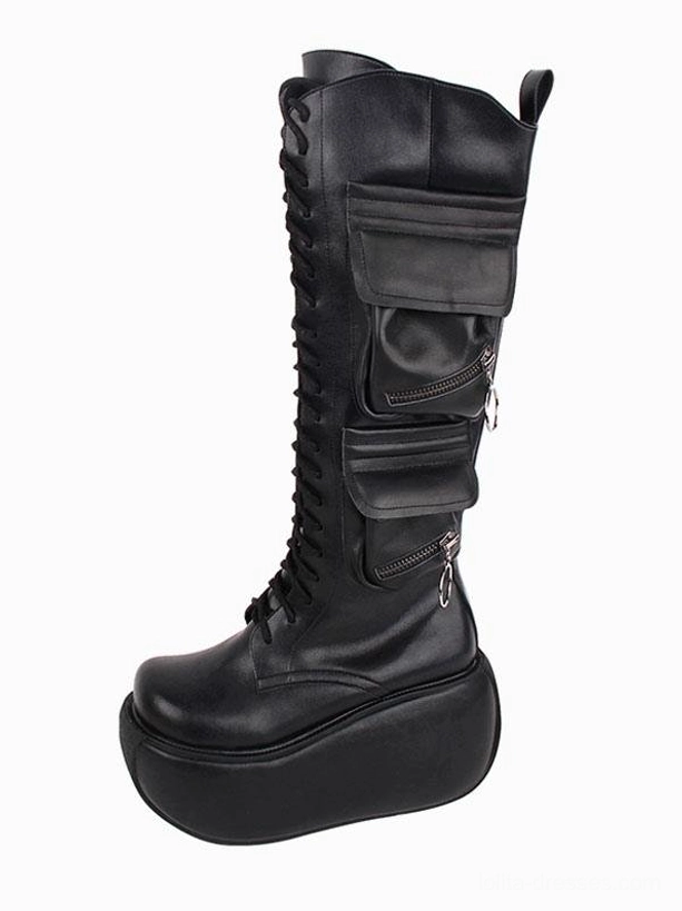 Single black gothic lolita platform boot from left side three-quarter view showcasing matte PU leather finish chunky platform heel and functional cargo side pocket details