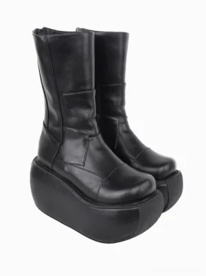 Black Gothic Lolita boots left outer side view highlighting vertical stitching seams on boot shaft, thick platform sole, and round toe design