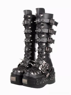 Black Gothic Lolita knee-high platform boots with metallic rivets and wedge heel, front flat product display showing lace-up closure and round toe design