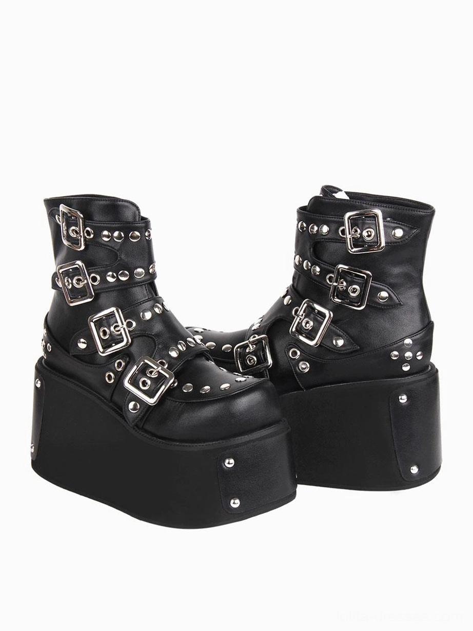 Gothic Lolita ankle boots with multiple silver rivets and buckles thick platform sole side profile view