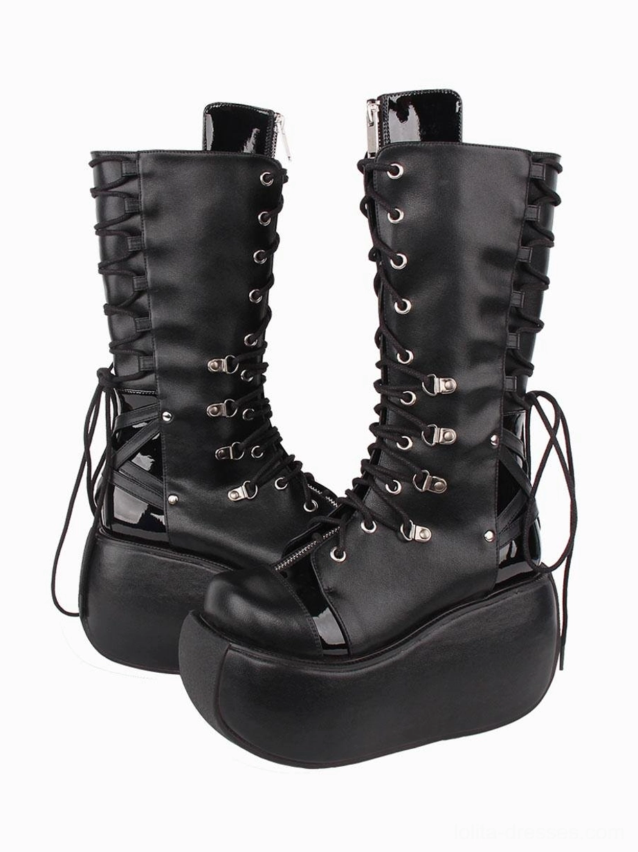Black gothic lolita mid-calf boots front three-quarter perspective displaying side tie-back straps, silver lace eyelets, patent leather heel accents and metal hardware