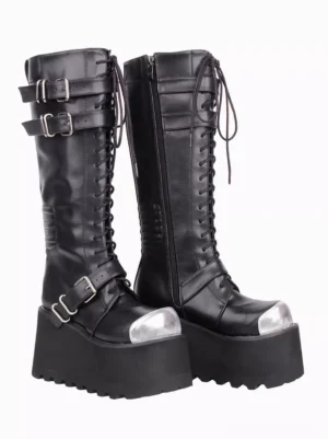 Side three-quarter view of black gothic lolita boots highlighting side zipper closure, dual calf buckles, ankle buckle strap, lace-up front, and silver metal hardware details