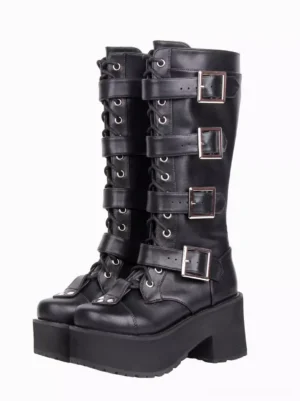 Black Gothic Lolita knee-high platform boots front three-quarter view with silver decorative buckles lace-up front and chunky block heel