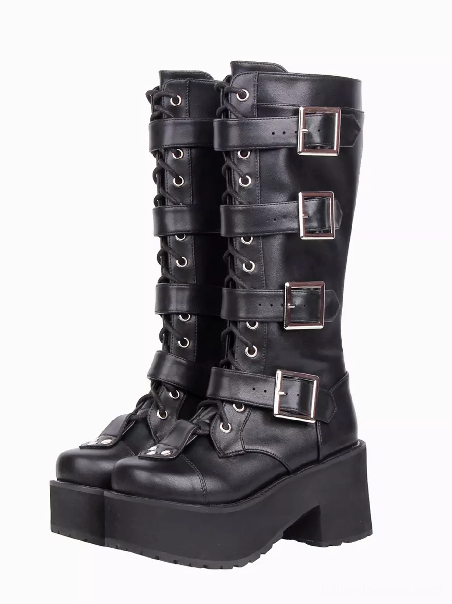 Black Gothic Lolita knee-high platform boots front three-quarter view with silver decorative buckles lace-up front and chunky block heel