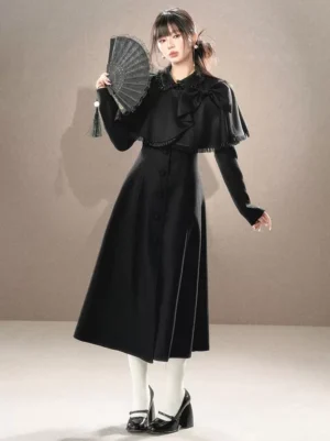 Black Gothic Lolita Cape Overcoat Set with Bow and Fringe Details Front Full Body Shot
