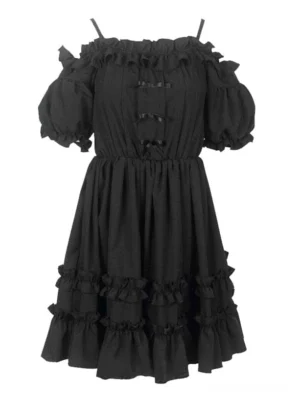 Black Gothic Lolita off-shoulder chiffon dress flat lay showing spaghetti straps elastic waist tiered ruffled skirt front bows details