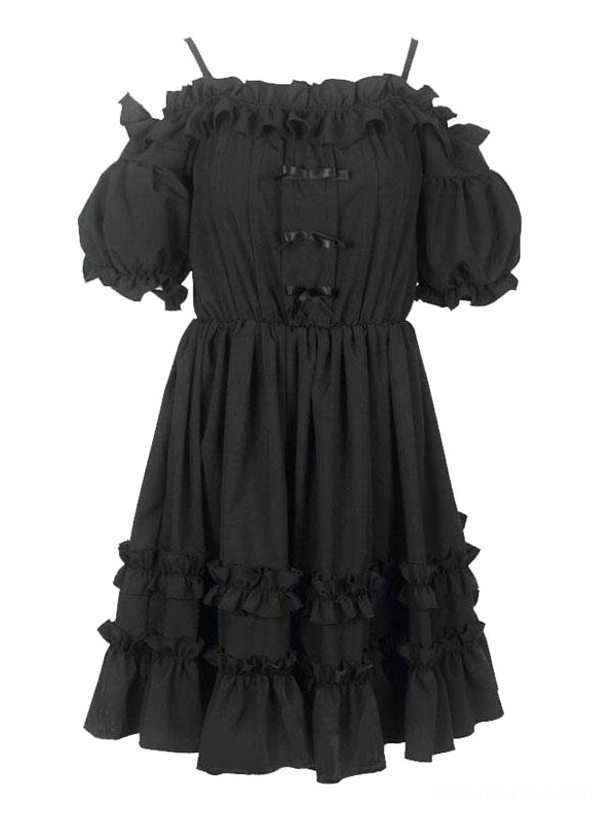 Black Gothic Lolita off-shoulder chiffon dress flat lay showing spaghetti straps elastic waist tiered ruffled skirt front bows details