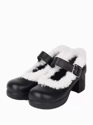 Black Gothic Lolita chunky heel Mary Jane pumps with white fuzzy collar and spider toe ornament, front three-quarter view showing paired shoes on white background