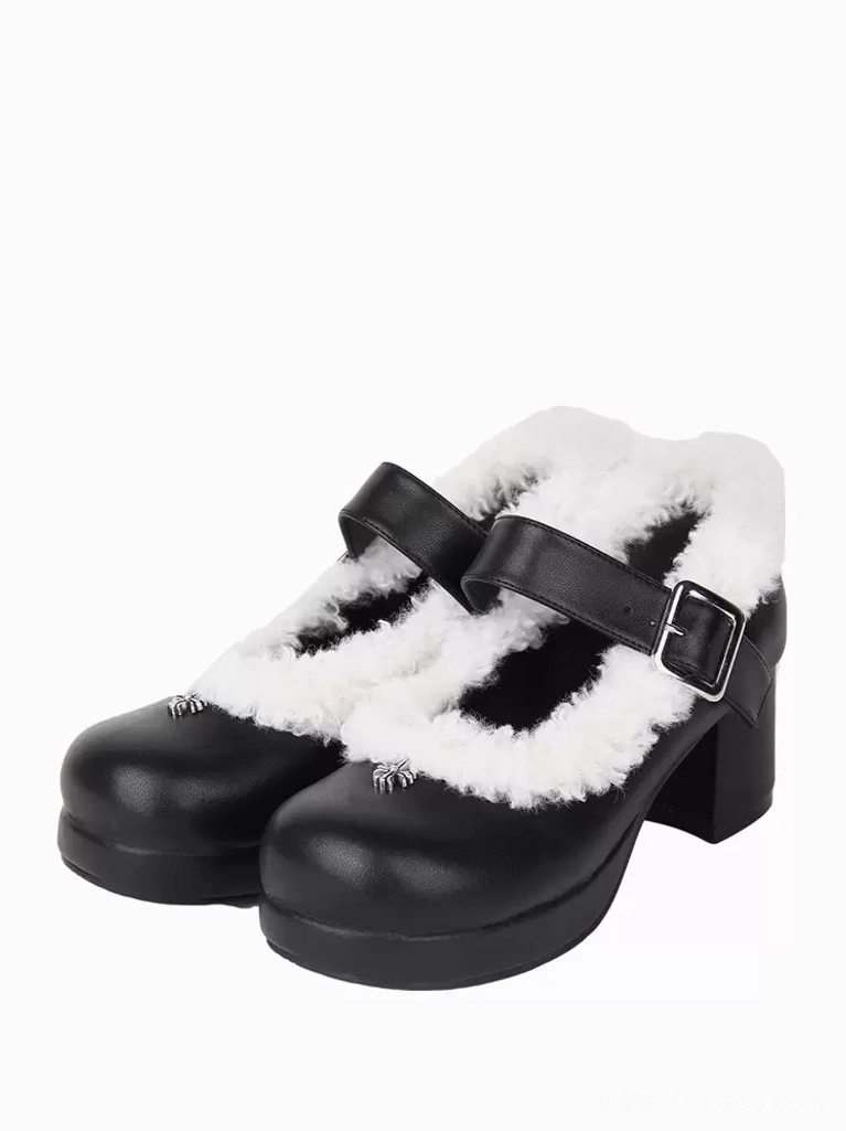 Black Gothic Lolita chunky heel Mary Jane pumps with white fuzzy collar and spider toe ornament, front three-quarter view showing paired shoes on white background