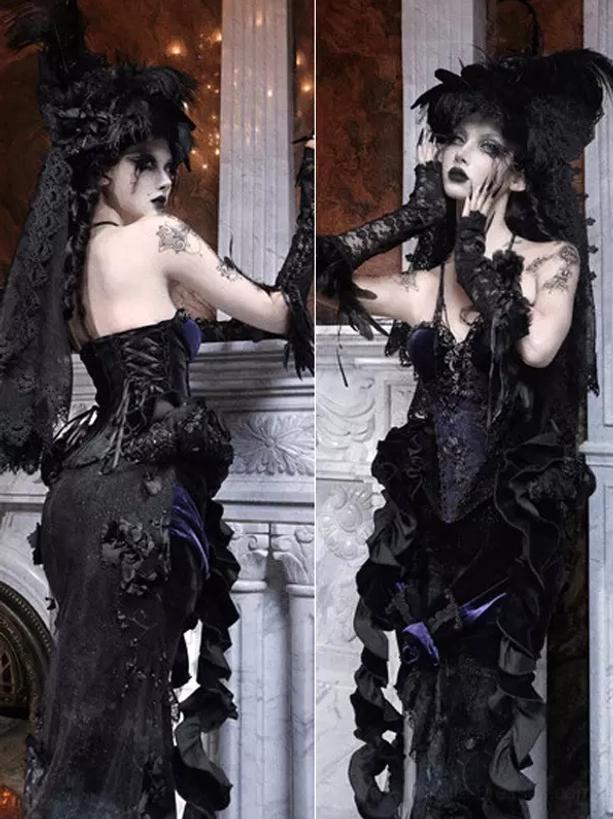 Front view black gothic lolita corset bustier highlighting lace-up closure design and crystal embellished chest detail work