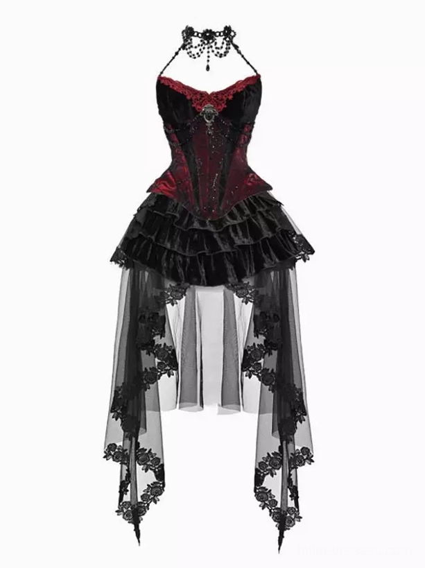 Black gothic lolita corset dress set alternative fashion styling with accessories for themed events and cosplay