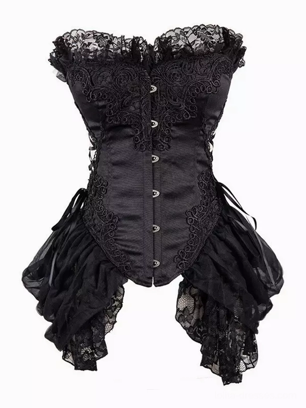 All-black gothic lolita corset dress with strapless lace-ruffled neckline, front button closure and layered black tulle skirt - elegant alternative fashion