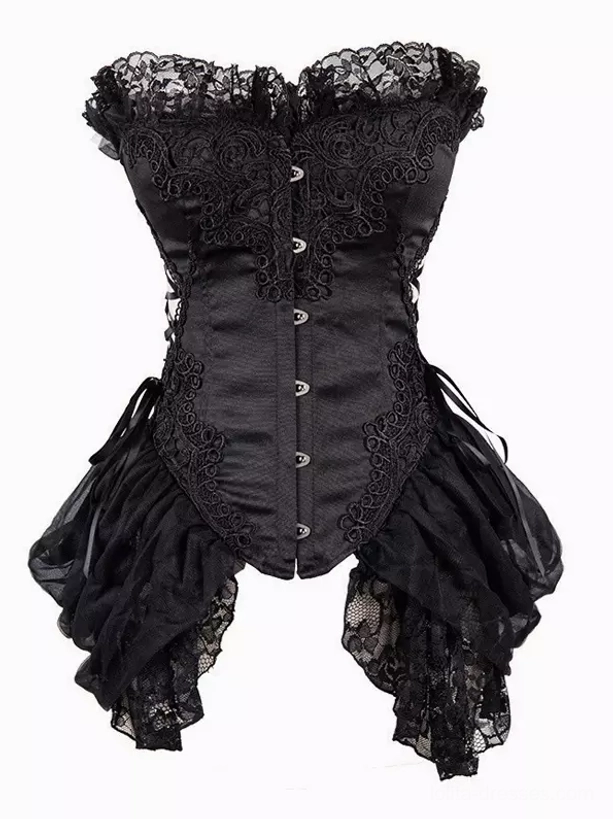 Vintage-inspired black gothic lolita corset dress with vertical front button closure, lace-trimmed neckline and high-low black tulle skirt details