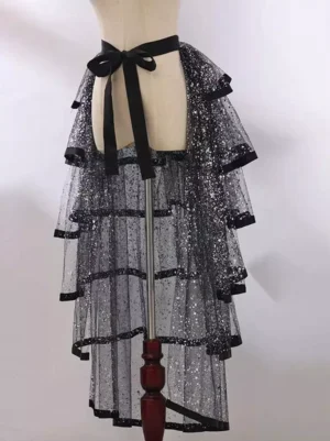 Black Gothic Lolita detachable train skirt rear view with tiered sequined tulle layers black waist bow and ribbon trims on dress form