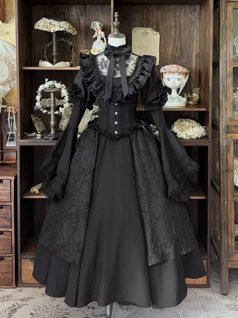 Black gothic lolita dress full front view ruffled collar corset bodice bell sleeves vintage aesthetic