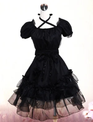 Black gothic lolita dress front view with cross halter straps lace-trimmed puff sleeves tiered ruffled tulle skirt classic lolita fashion