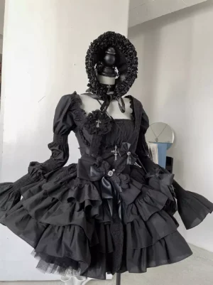 Black Gothic Lolita dress flat lay front view with detachable puff sleeves, square neckline choker, cross embellishments, tiered ruffle skirt, satin bows, and complete accessory ensemble including ruffle bucket hat, cross brooch, and mini crossbody bag