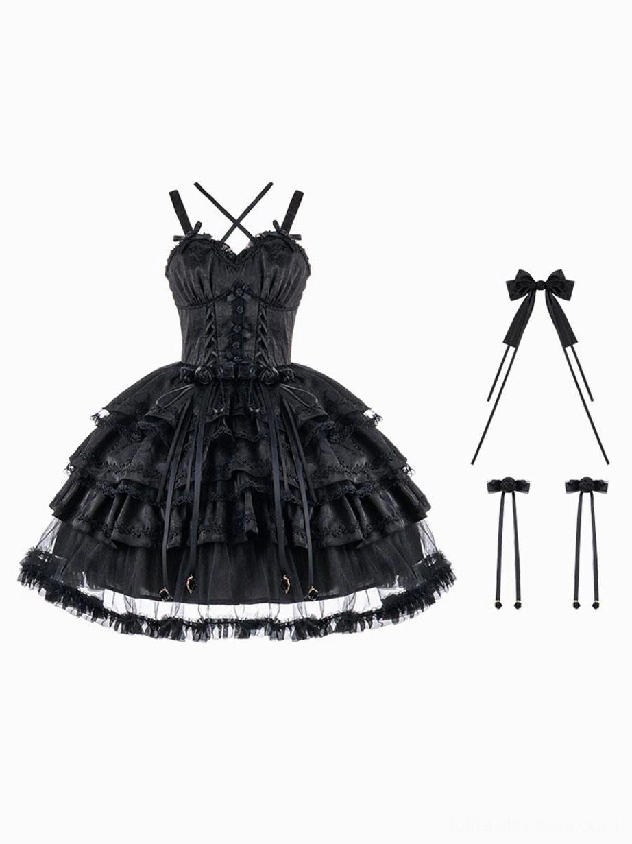 Black gothic lolita dress set flat-lay white background lace-up corset bodice ruffled tiered skirt matching hairpin accessories