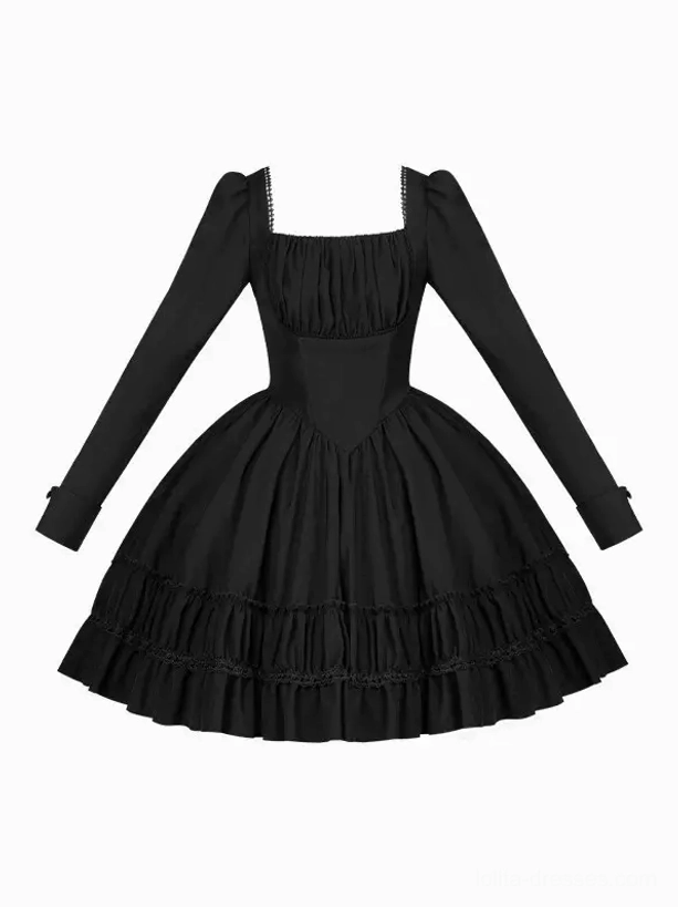 Black long-sleeve Gothic Lolita dress front flat lay view displaying square neckline, tailored waist, and tiered ruffled mini skirt construction