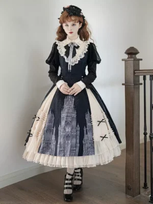 Black gothic lolita dress full front view showing jacquard church castle print, ruffled lace collar with bow, long puff sleeves, and structured bell-shaped skirt silhouette