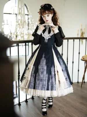 Gothic lolita dress front medium shot featuring neck lace bow detail, small decorative bows on skirt panels, intricate lace trim, and voluminous long sleeves
