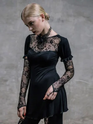 Black Gothic Lolita Dress - Three Quarter Rear View Showing Pentagram Lace-Up Back Design and Fitted Waist Silhouette