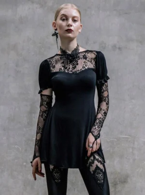 Black Gothic Lolita Dress with Lace-Up Pentagram Back and Sheer Lace Long Sleeves - Front Full Body View with Lace Yoke Detail
