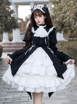Black gothic lolita dress front full-body view featuring lace-up corset bodice, tiered white ruffled skirt, and stand collar with bow