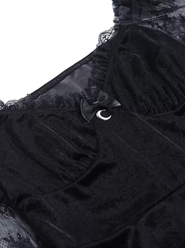 Side close-up view of gothic lolita dress neckline featuring ruffled lace edge, luxurious velvet fabric, matching bow and moon ornament detail