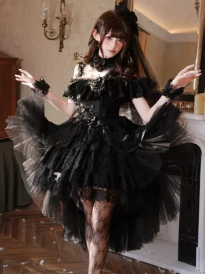 Black off-shoulder Gothic lolita ball gown dress with layered lace tulle high-low hemline front three-quarter view