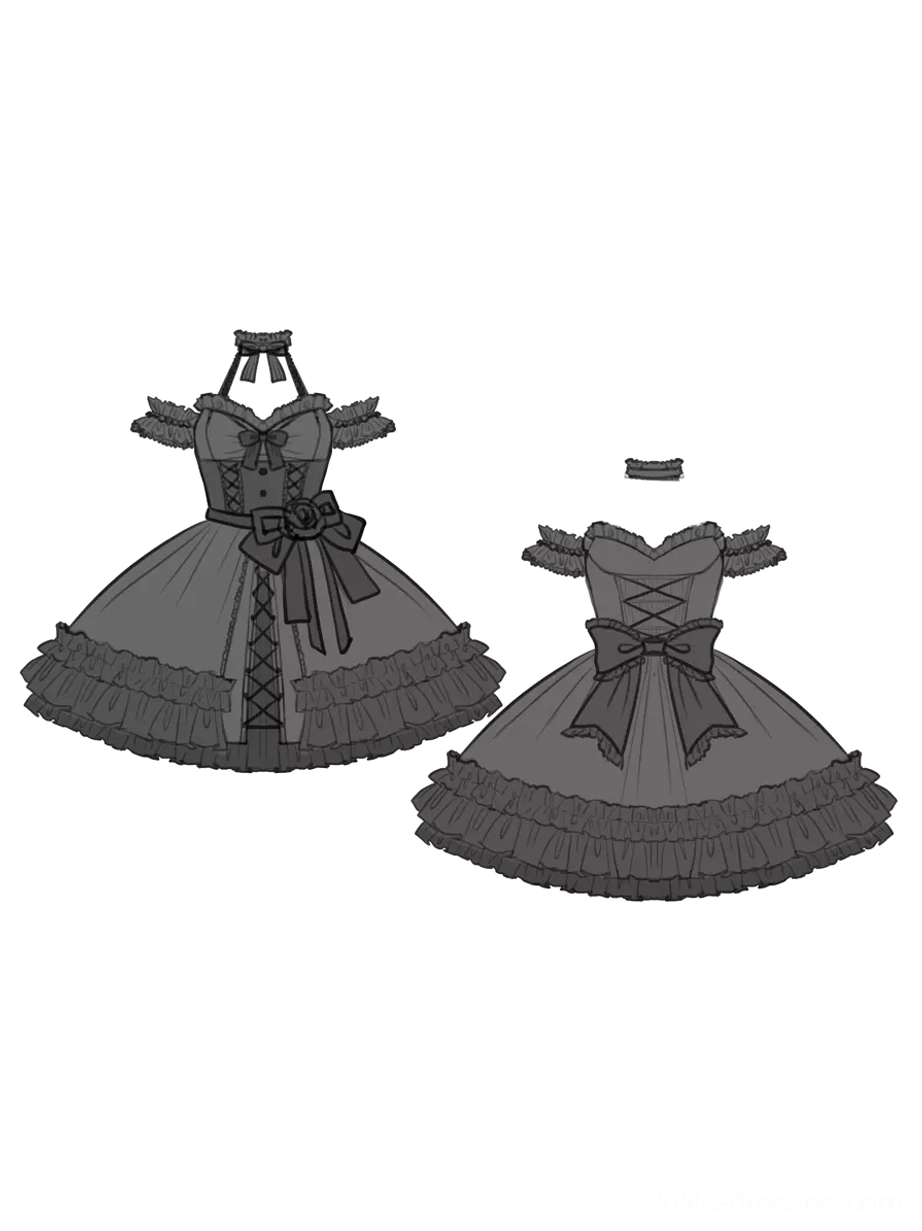 Black Gothic Lolita dress in outdoor setting with alternative styling showcase featuring rose accessories and patterned stockings