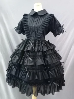 Black gothic lolita dress front view pleated bodice layered skirt lace sleeve trims satin bow accents classic lolita silhouette details