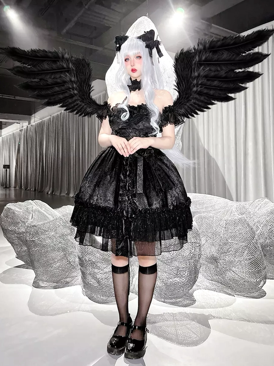 Black Gothic Lolita dress ruffled cuff and sleeve detail with lace overlay and off-shoulder silhouette styling