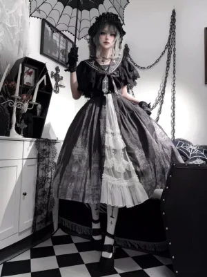 Gothic lolita ensemble overhead angle view with black ruffled lace dress and matching shawl coordination