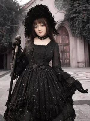 Black gothic lolita dress close-up front view featuring square neckline with waist bow decoration and sparkle embellishment, model wearing gloves and holding walking cane