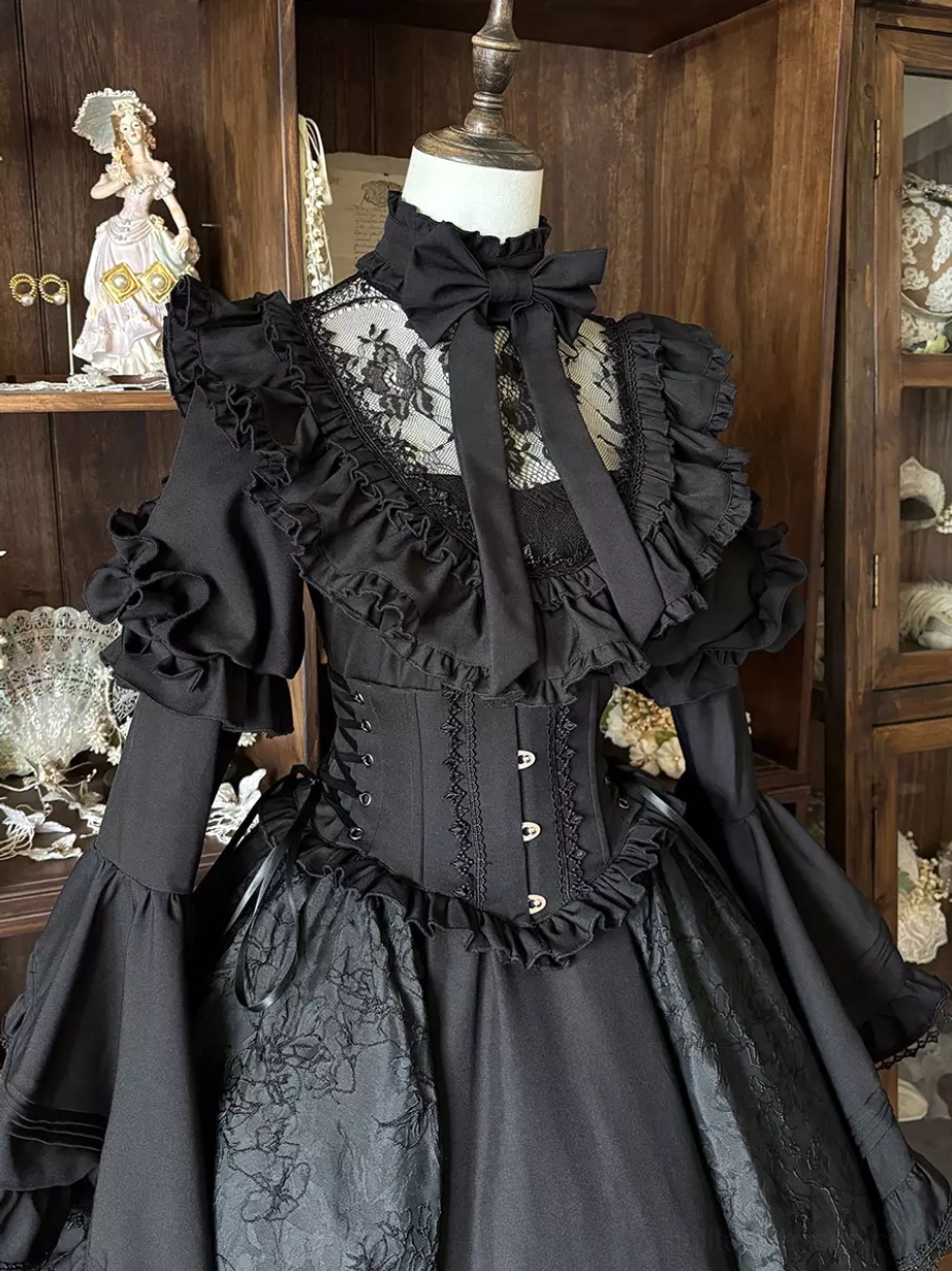 Black gothic lolita dress square lace neckline corset bodice structured silhouette mannequin