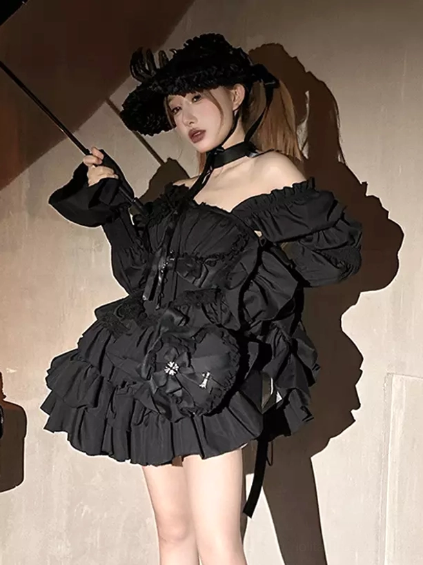 Black Gothic Lolita dress complete set styling reference showing how to wear with accessories, hat, bag, choker, and proper lolita fashion coordination for tea parties and events