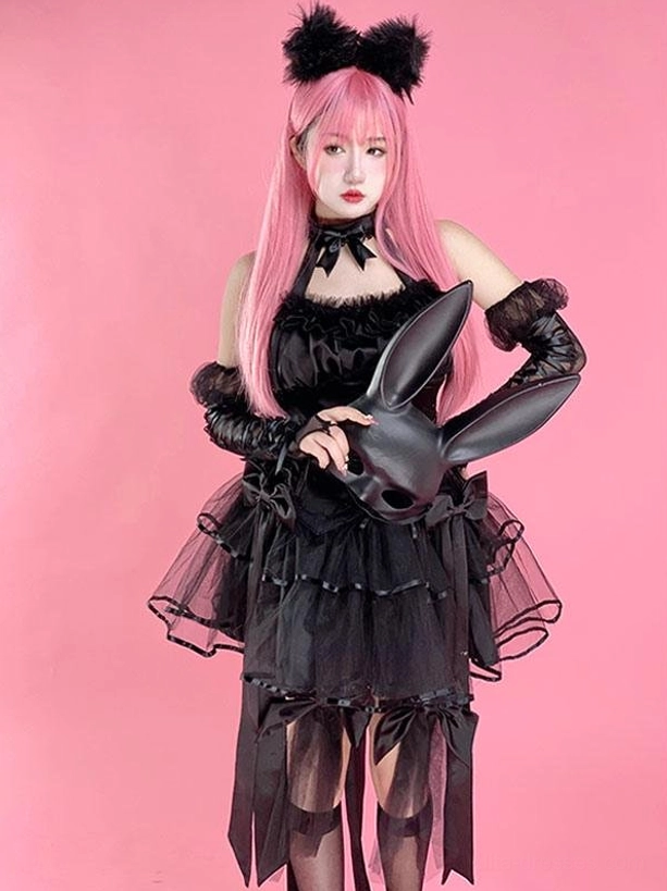 Black gothic lolita dress front three-quarter view sheer tulle layers model detail