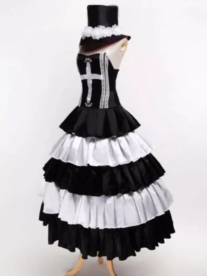 Black gothic lolita ghost princess costume three-quarter rear view showing white cross pattern on bust, layered ruffled skirt construction, and top hat with white flower trim details