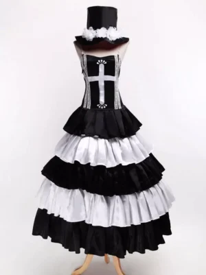 Black gothic lolita ghost princess cosplay dress with strapless bodice featuring white cross pattern, tiered ruffled skirt, and coordinating top hat with white flower decorations front view display