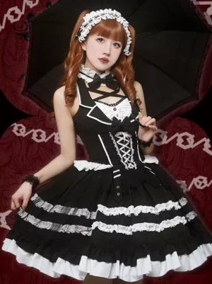 Black Gothic Lolita Dress with Halter Neck and Front Lace-Up Corset - Frontal View